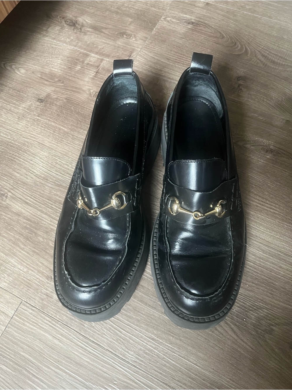 Black Women's Leather Loafers with Gold Bit Accent